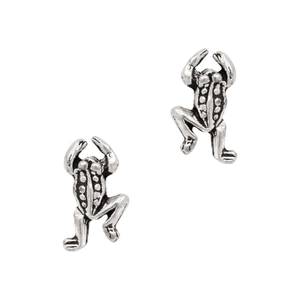 Pair of silver frog-shaped earrings on a white background