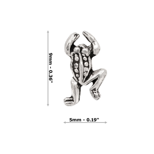 Silver frog stud earring with dimensions on a white background