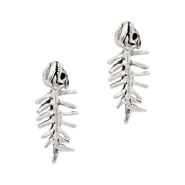 Silver fish bone-shaped earrings on a white background