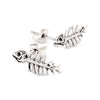 Silver fish bone skeleton earrings on a white background