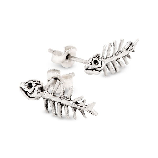 Silver fish bone skeleton earrings on a white background