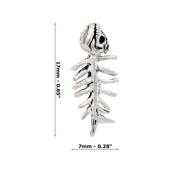 Silver fish skeleton stud earring with measurements on a white background