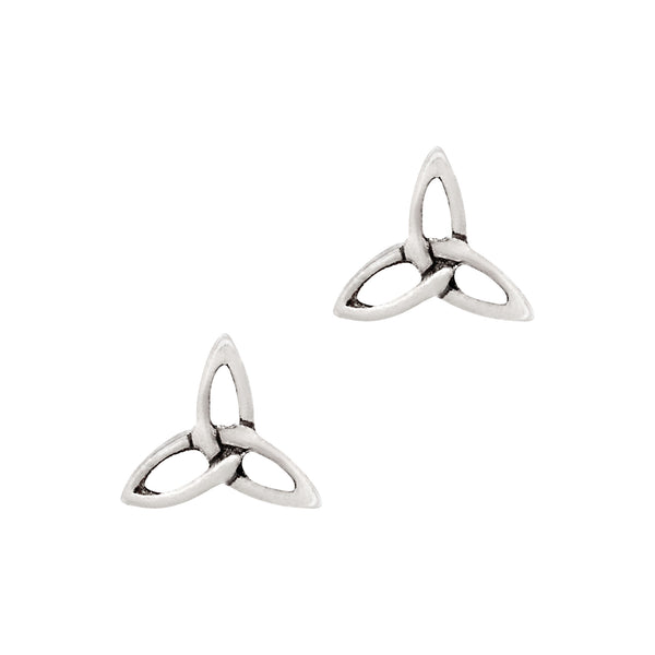 Pair of silver Celtic knot earrings on a white background