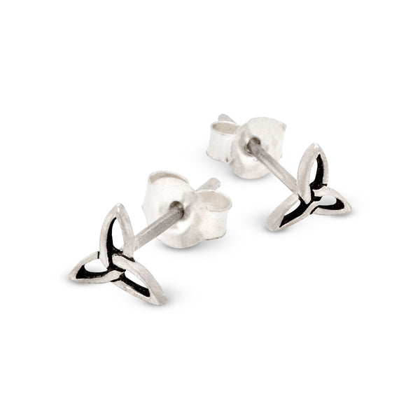 Silver trinity stud earrings on a white background