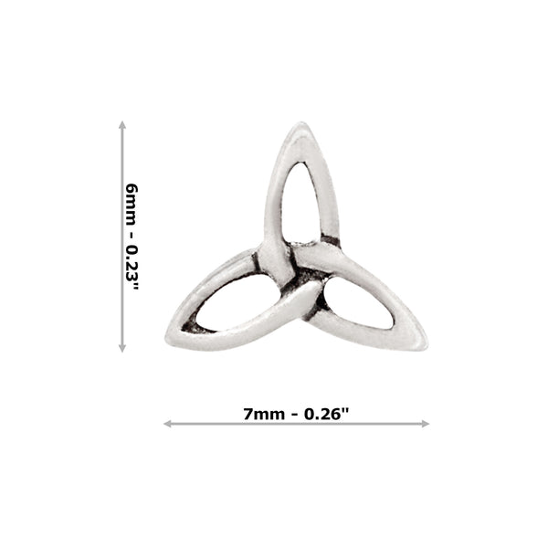 Silver Celtic knot stud earring with dimensions on a white background