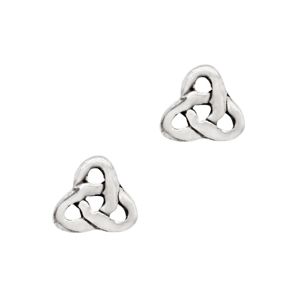 Pair of silver Celtic knot earrings on a white background