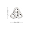 Silver heart-shaped Celtic knot stud earring with dimensions on a white background