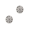 Pair of silver Celtic knot earrings on a white background