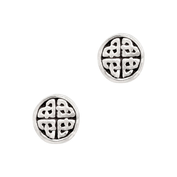 Pair of silver Celtic knot earrings on a white background