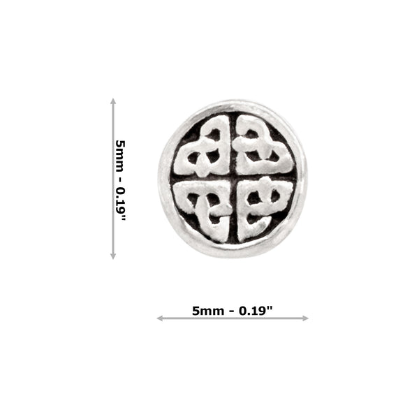 Silver circular stud earring with intricate design and measurements on a white background