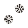 Pair of round earrings with black and white striped design on a white background