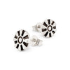 Silver earrings with black and white pattern on a white background