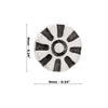 Circular metal component with black and silver design, shown with measurements on a white background.