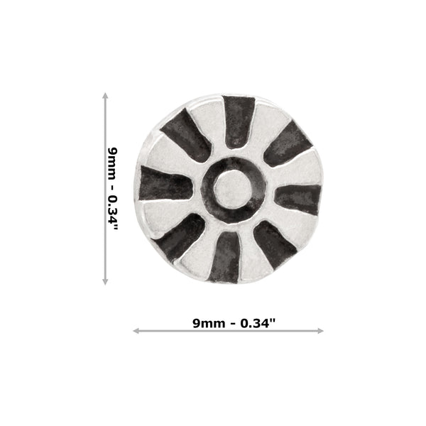 Circular metal component with black and silver design, shown with measurements on a white background.