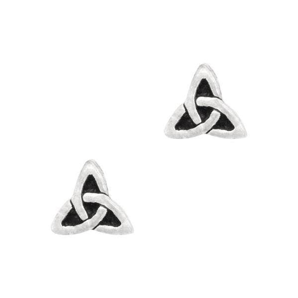 Pair of silver Celtic knot earrings on a white background