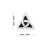 Silver Celtic knot stud earring with dimensions on a white background