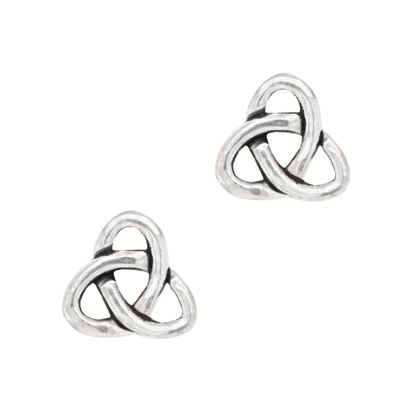 Pair of silver Celtic knot earrings on a white background