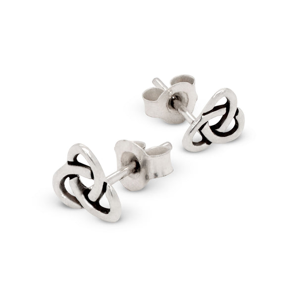 Silver celtic trinity knot stud earrings on a white background