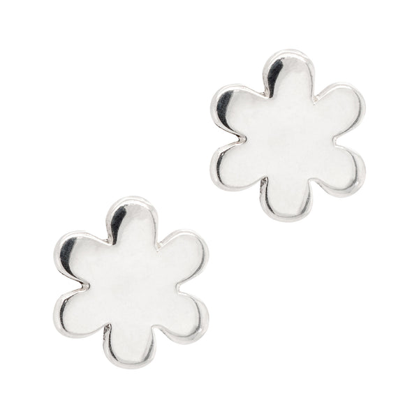 Silver flower-shaped earrings on a white background