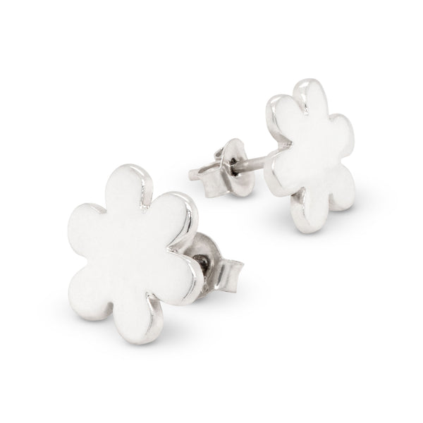 Silver flower-shaped stud earrings on a white background