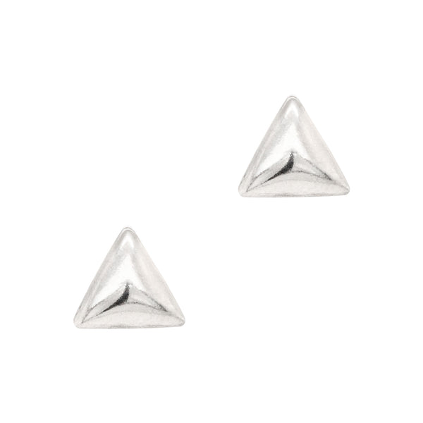 Pair of silver triangle-shaped earrings on a white background