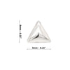 Silver triangle-shaped stud earring with dimensions on a white background