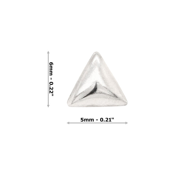 Silver triangle-shaped stud earring with dimensions on a white background