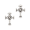 Pair of silver cross-shaped earrings on a white background