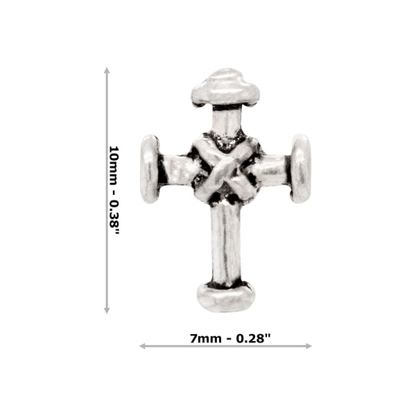 Silver cross stud earring with dimensions on a white background