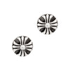 Pair of silver floral earrings on a white background
