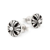 Pair of silver and black floral stud earrings on a white background