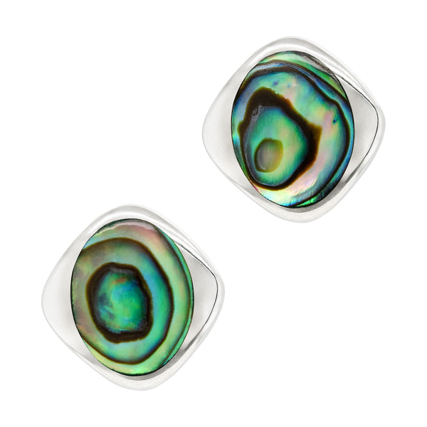 Pair of earrings with green and brown circular designs on a white background