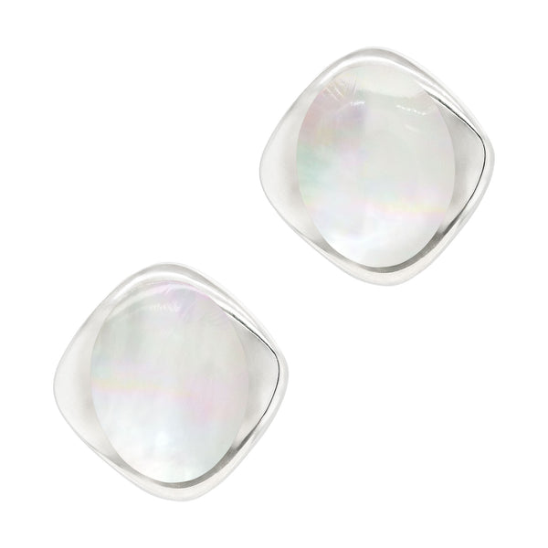 Pair of square-shaped earrings with a reflective surface on a white background