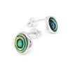 Silver stud earrings with abalone shell design on a white background
