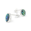 Pair of silver stud earrings with abalone shells on a white background