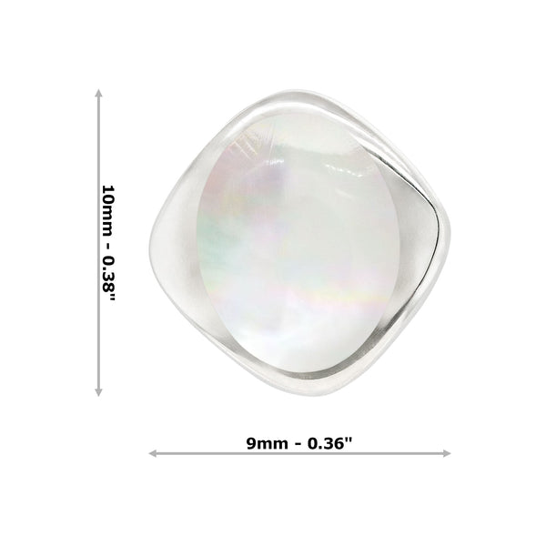 Silver earrings with mother of pearl shells on a white background with dimensions