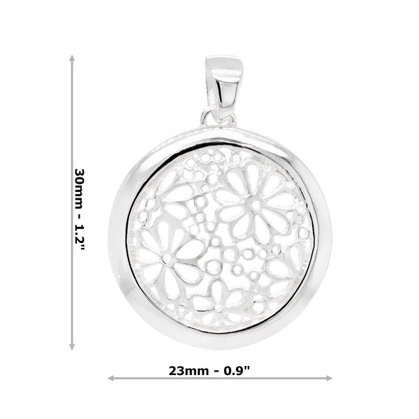 Flower Bouquet Cutout Circular Sterling Silver 925 Pendant