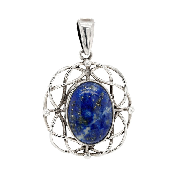 Silver pendant with a blue stone on a white background
