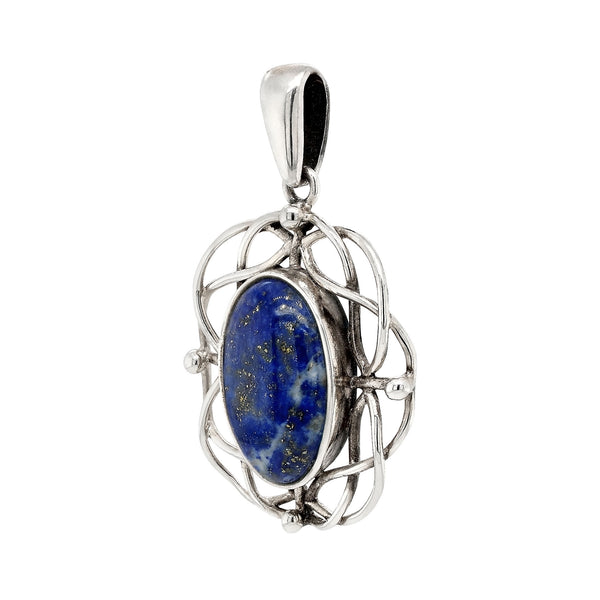 Silver pendant with a blue stone on a white background