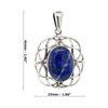 Silver pendant with a blue stone, shown with measurements on a white background