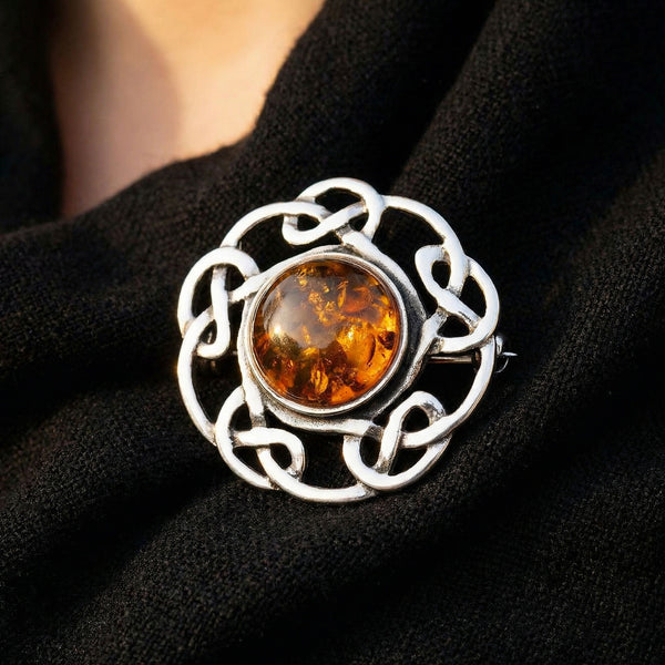 Amber Celtic Circular Sterling Silver 925 Brooch