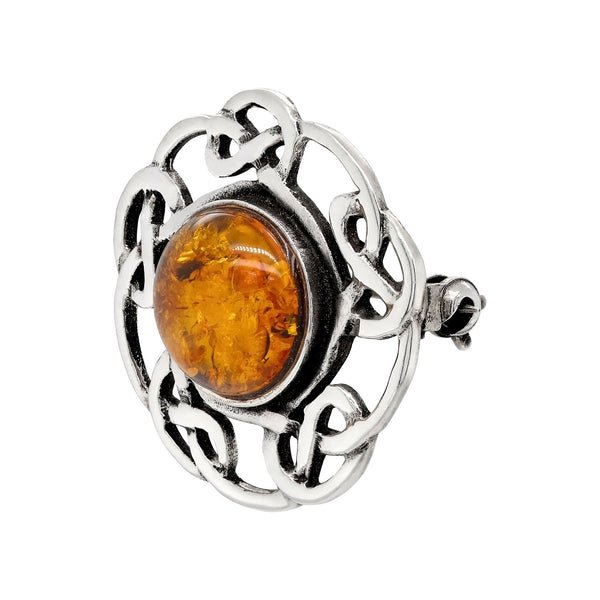 Amber Celtic Circular Sterling Silver 925 Brooch