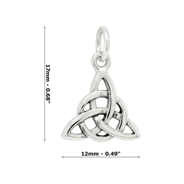 Silver Celtic knot pendant with dimensions on a white background
