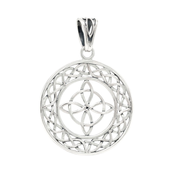 Silver Celtic knot pendant on a white background