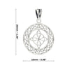 Silver Celtic knot pendant with measurements on a white background