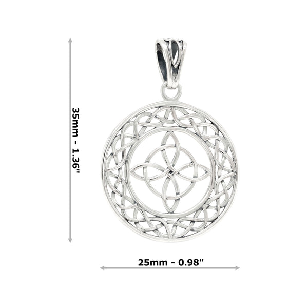 Silver Celtic knot pendant with measurements on a white background