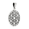Silver pendant with intricate cut-out design on a white background