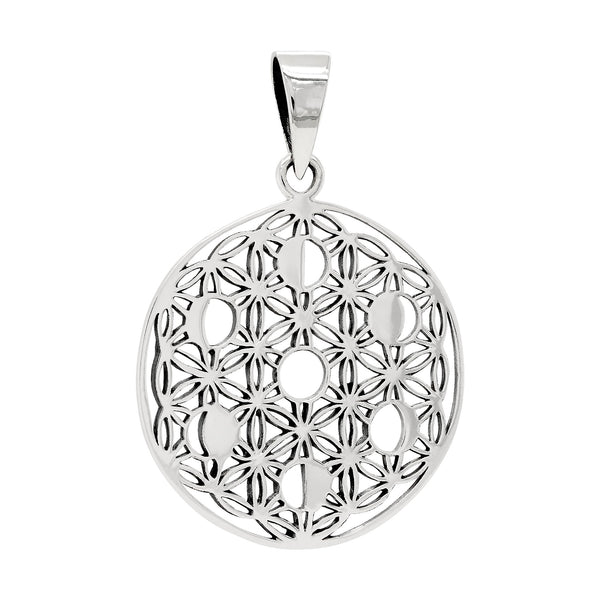 Silver pendant with intricate floral design on a white background