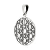 Silver pendant with intricate cut-out design on a white background