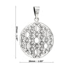 Silver pendant with intricate design and measurements on a white background